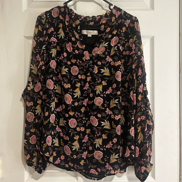 LOFT Women’s Black Blouse with Pink Yellow Floral Pattern Ruffle Trim Sz. Medium - Picture 1 of 9